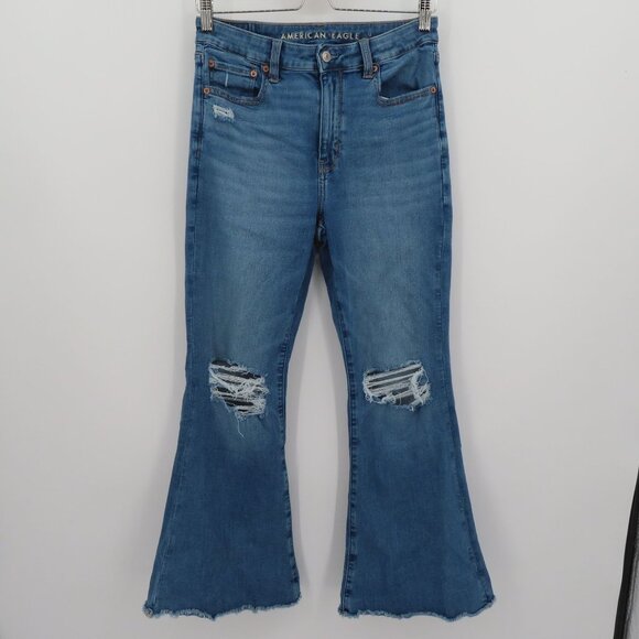 American Eagle Women 6 Extra Short Super High Rise Flare Denim Jeans Distressed - Picture 15 of 15